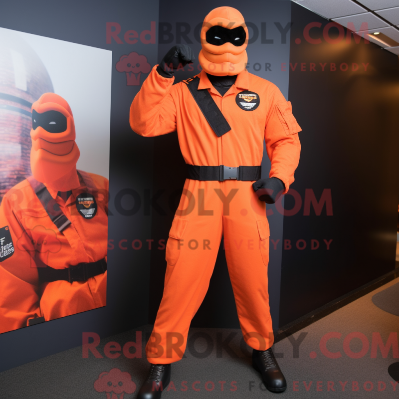 Mascot character of a Peach Gi Joe dressed with a Jumpsuit and Cufflinks Mascot character of a Peach Gi Joe dressed with a Jumpsuit and Cufflinks