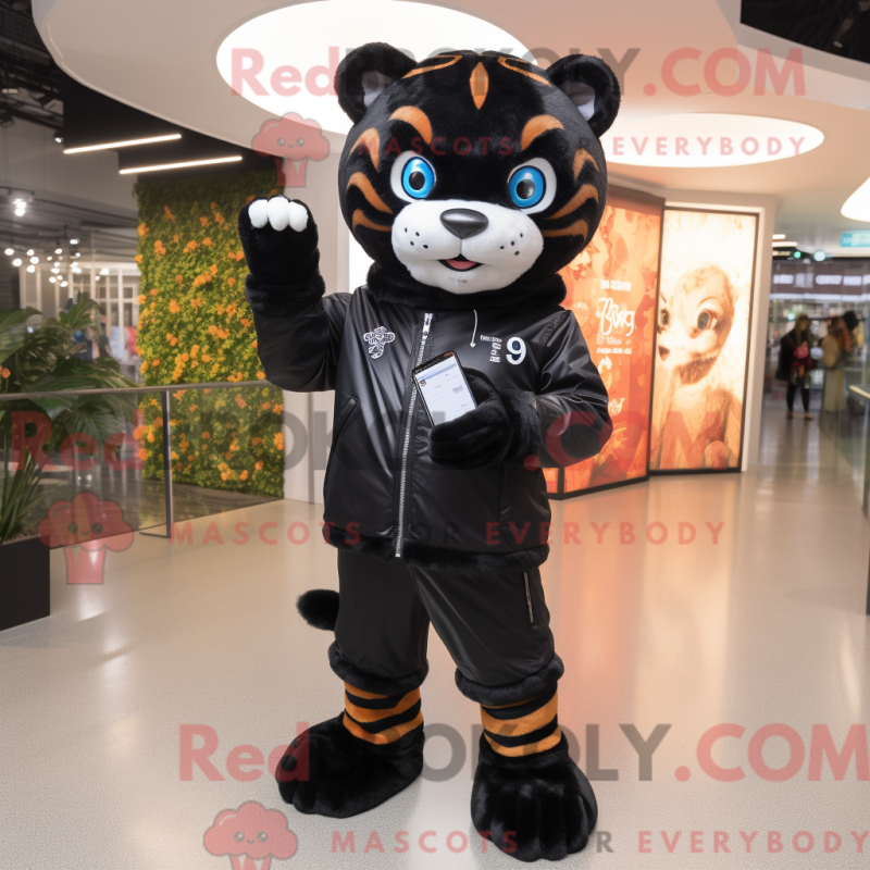 Mascot character of a Black Tiger dressed with a Raincoat and Smartwatches Mascot character of a Black Tiger dressed with a Raincoat and Smartwatches