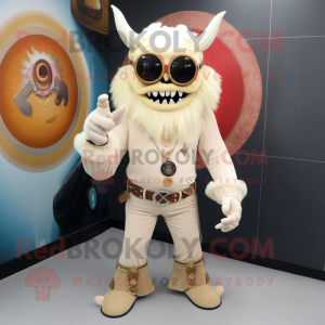 Beige Demon mascot costume character dressed with a Flare Jeans and Rings