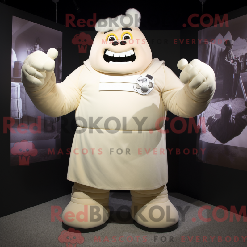 Mascot character of a Cream Strongman dressed with a Culottes and Mittens Mascot character of a Cream Strongman dressed with a Culottes and Mittens
