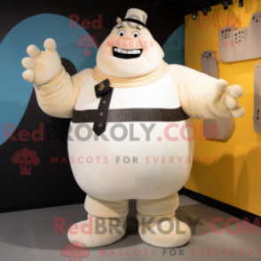 Mascot character of a Cream Strongman dressed with a Culottes and Mittens