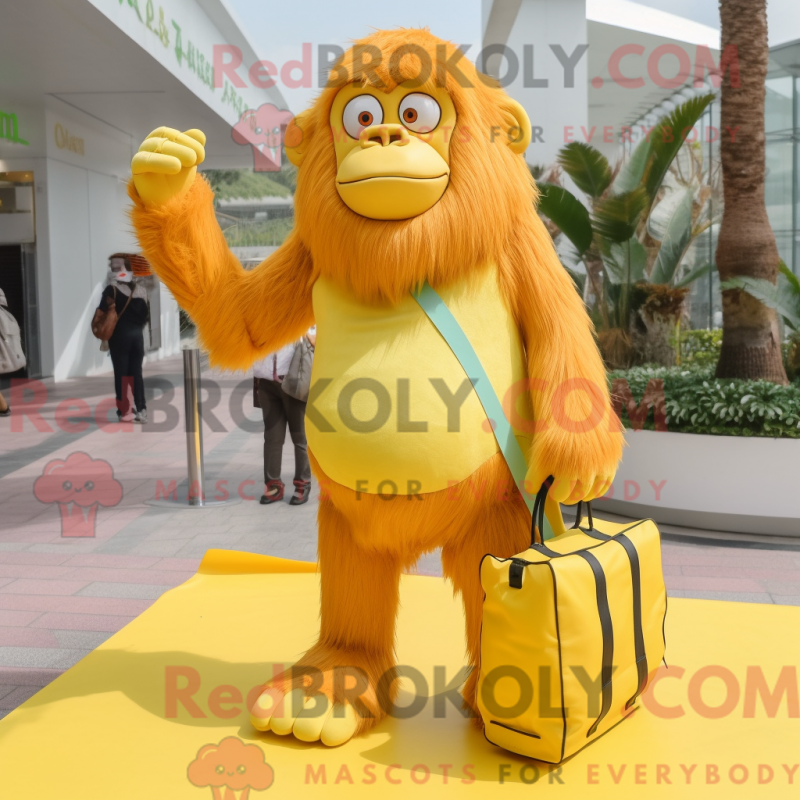 Mascot character of a Lemon Yellow Orangutan dressed with a Shorts and Handbags Mascot character of a Lemon Yellow Orangutan dressed with a Shorts and Handbags
