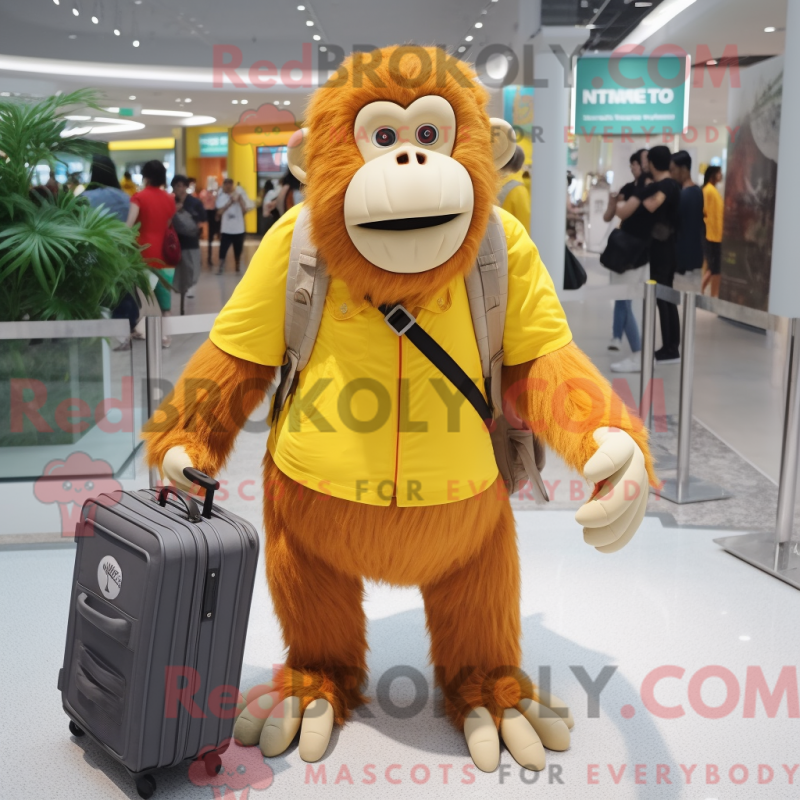 Mascot character of a Lemon Yellow Orangutan dressed with a Shorts and Handbags Mascot character of a Lemon Yellow Orangutan dressed with a Shorts and Handbags