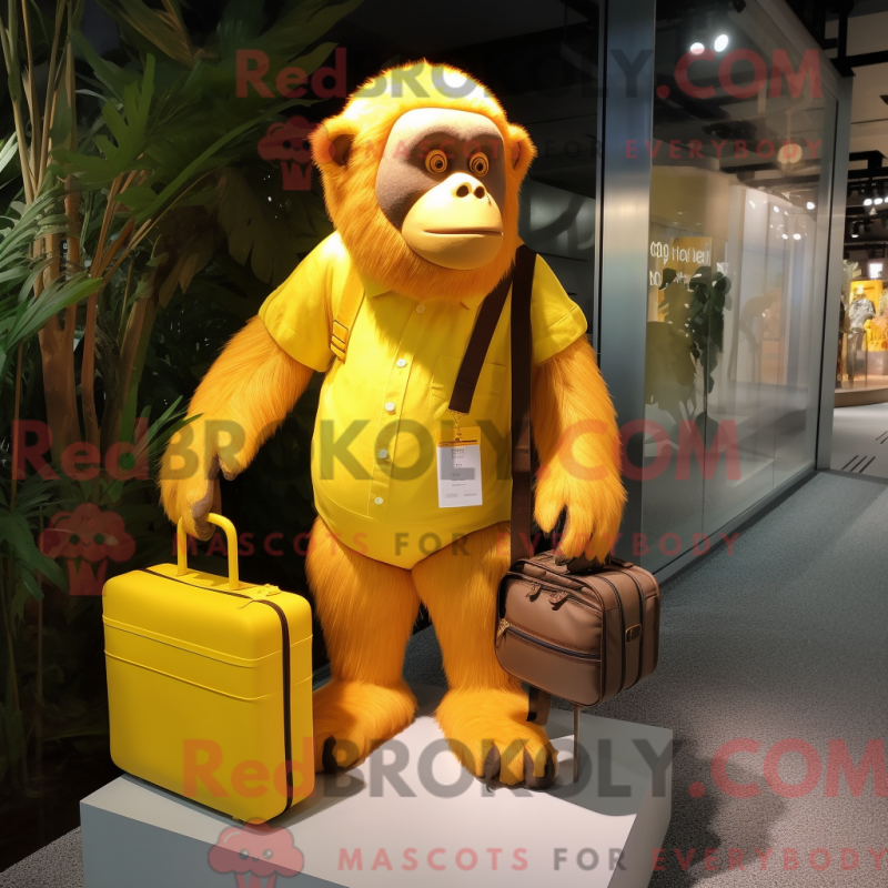 Mascot character of a Lemon Yellow Orangutan dressed with a Shorts and Handbags Mascot character of a Lemon Yellow Orangutan dressed with a Shorts and Handbags