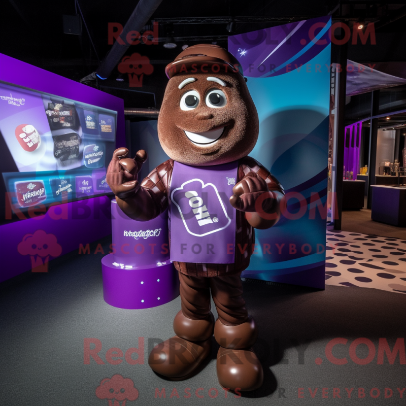 Mascot character of a Purple Chocolate Bars dressed with a Rugby Shirt and Necklaces Mascot character of a Purple Chocolate Bars dressed with a Rugby Shirt and Necklaces