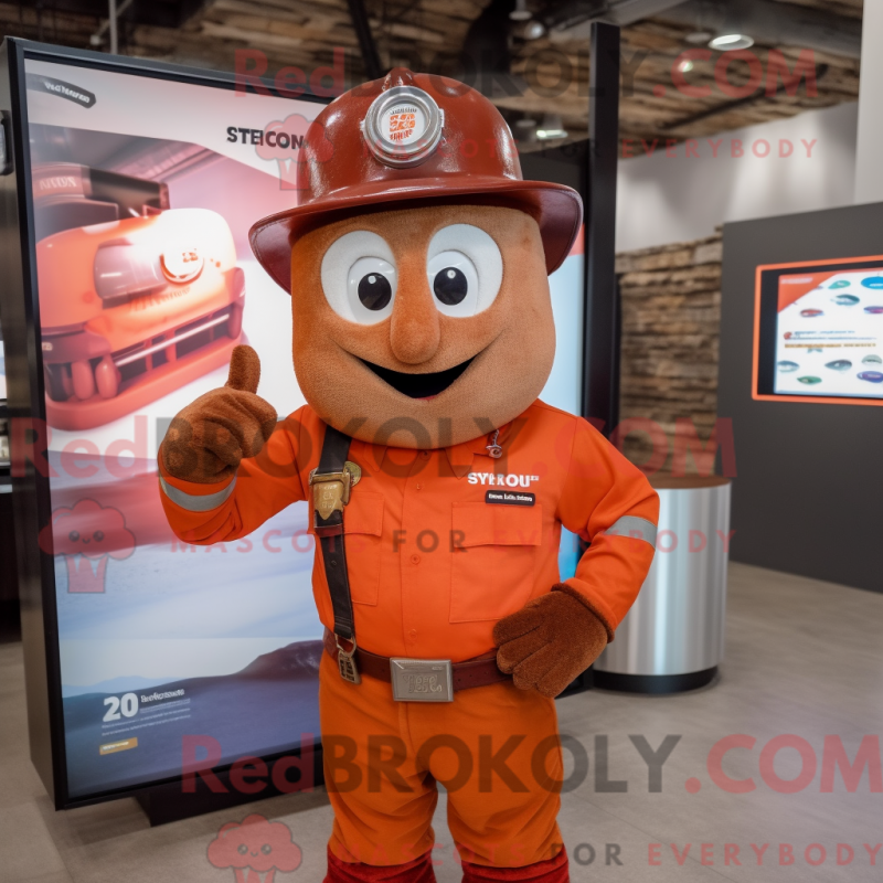 Mascot character of a Rust Fire Fighter dressed with a V-Neck Tee and Caps Mascot character of a Rust Fire Fighter dressed with a V-Neck Tee and Caps