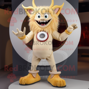 Beige Demon mascot costume character dressed with a Flare Jeans and Rings