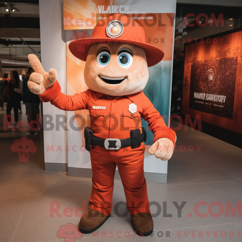 Mascot character of a Rust Fire Fighter dressed with a V-Neck Tee and Caps Mascot character of a Rust Fire Fighter dressed with a V-Neck Tee and Caps