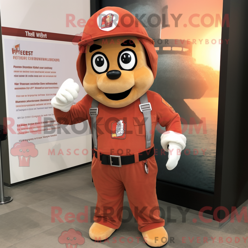 Mascot character of a Rust Fire Fighter dressed with a V-Neck Tee and Caps Mascot character of a Rust Fire Fighter dressed with a V-Neck Tee and Caps