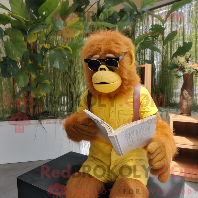 Mascot character of a Yellow Orangutan dressed with a Romper and Reading glasses Mascot character of a Yellow Orangutan dressed with a Romper and Reading glasses