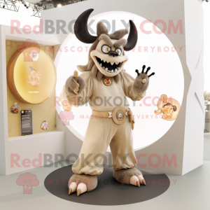 Beige Demon mascot costume character dressed with a Flare Jeans and Rings