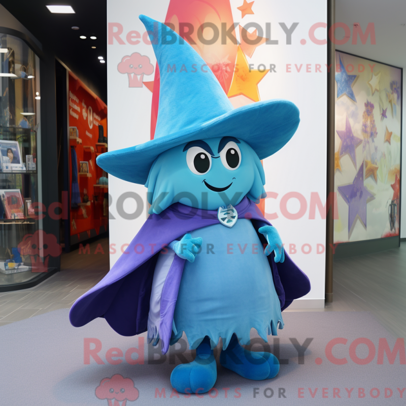 Mascot character of a Sky Blue Witch'S Hat dressed with a Bootcut Jeans and Scarves Mascot character of a Sky Blue Witch'S Hat dressed with a Bootcut Jeans and Scarves