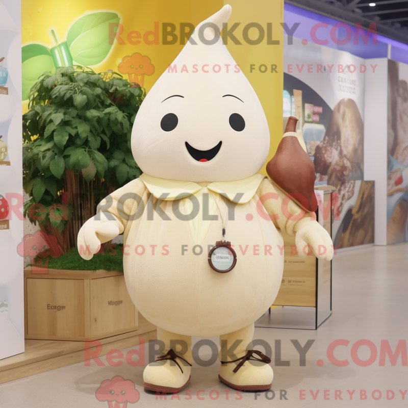Mascot character of a Beige Pear dressed with a Romper and Coin purses Mascot character of a Beige Pear dressed with a Romper and Coin purses