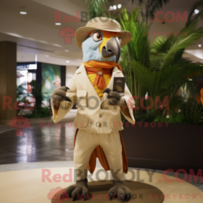 Mascot character of a Beige Macaw dressed with a Suit and Hat pins