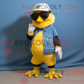 Mascot character of a Yellow Blue Jay dressed with a Corduroy Pants and Sunglasses