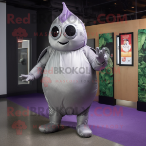 Silver Eggplant mascot costume character dressed with a Romper and Foot pads