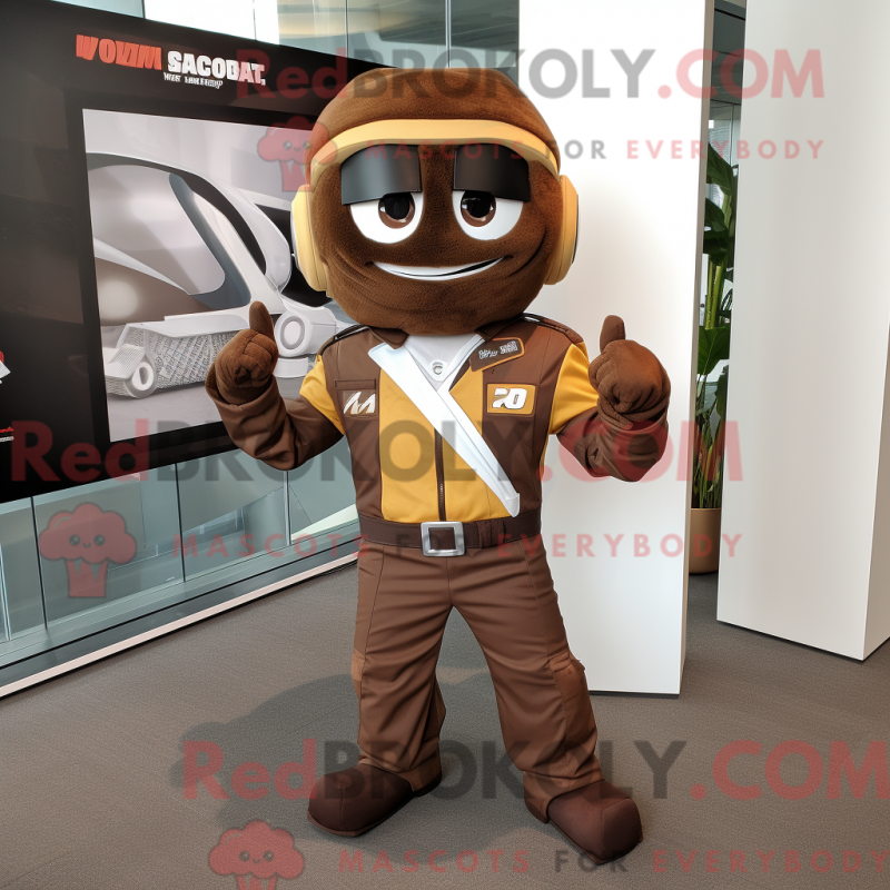Mascot character of a Brown Acrobat dressed with a Moto Jacket and Pocket squares Mascot character of a Brown Acrobat dressed with a Moto Jacket and Pocket squares