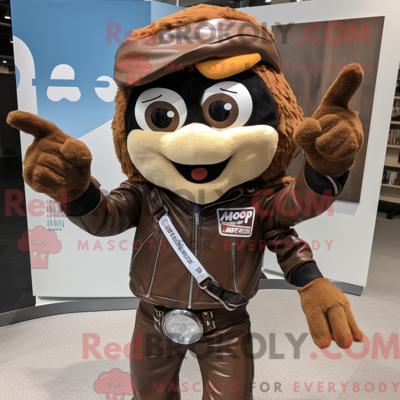Mascot character of a Brown Acrobat dressed with a Moto Jacket and Pocket squares Mascot character of a Brown Acrobat dressed with a Moto Jacket and Pocket squares