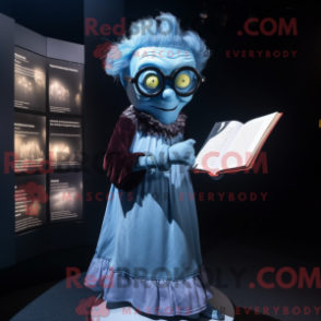 Mascot character of a Blue Frankenstein dressed with a Mini Dress and Reading glasses