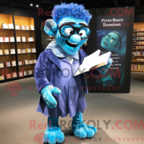 Mascot character of a Blue Frankenstein dressed with a Mini Dress and Reading glasses