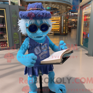 Mascot character of a Blue Frankenstein dressed with a Mini Dress and Reading glasses