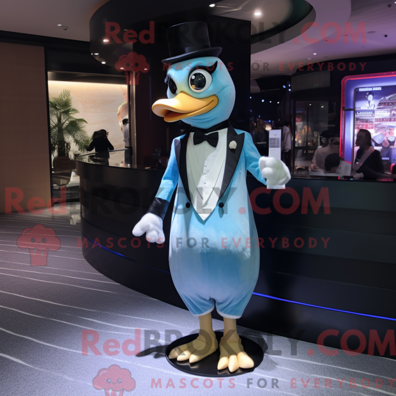 Mascot character of a Sky Blue Geese dressed with a Tuxedo and Bracelet watches Mascot character of a Sky Blue Geese dressed with a Tuxedo and Bracelet watches