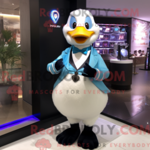 Mascot character of a Sky Blue Geese dressed with a Tuxedo and Bracelet watches