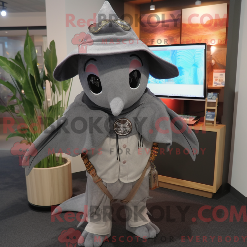 Mascot character of a Gray Manta Ray dressed with a Sweater and Hat pins Mascot character of a Gray Manta Ray dressed with a Sweater and Hat pins