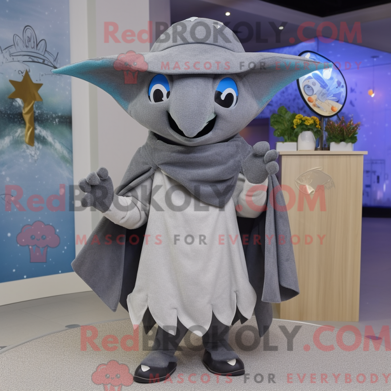 Mascot character of a Gray Manta Ray dressed with a Sweater and Hat pins Mascot character of a Gray Manta Ray dressed with a Sweater and Hat pins