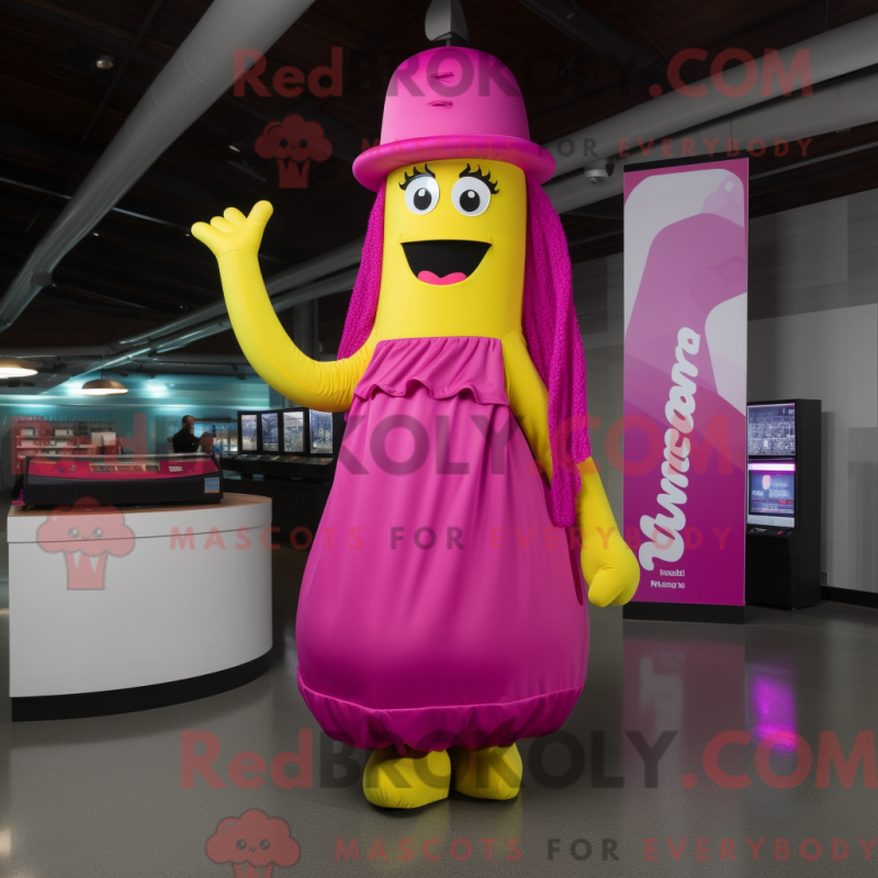 Mascot character of a Magenta Banana dressed with a Maxi Skirt and Berets Mascot character of a Magenta Banana dressed with a Maxi Skirt and Berets