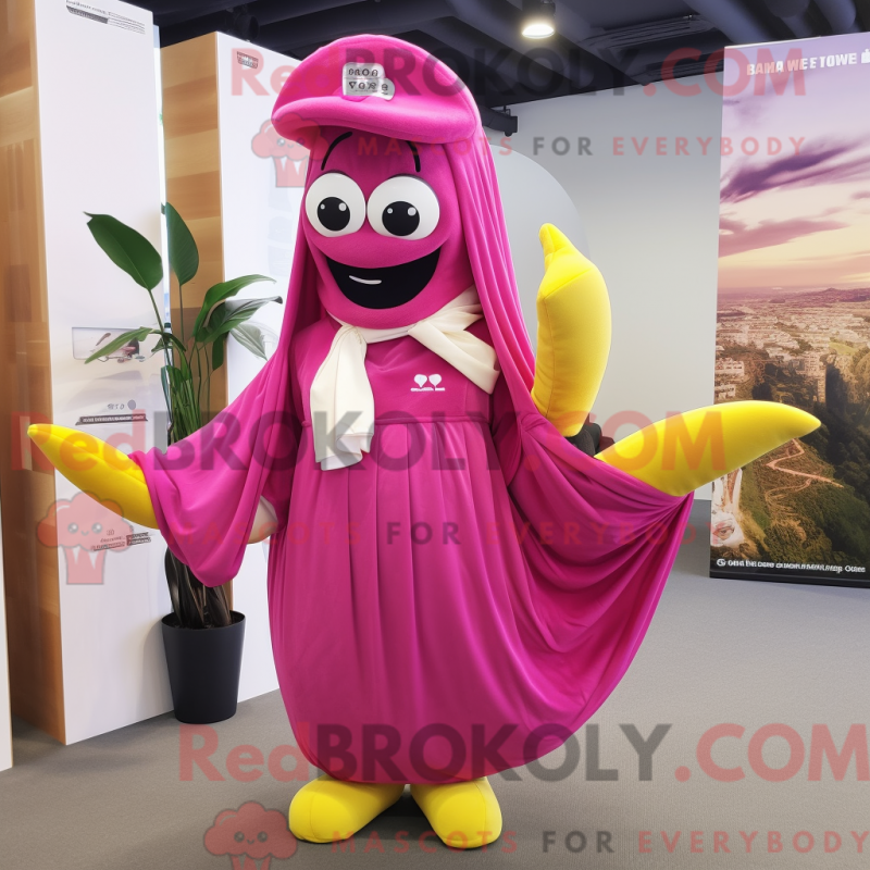 Mascot character of a Magenta Banana dressed with a Maxi Skirt and Berets Mascot character of a Magenta Banana dressed with a Maxi Skirt and Berets