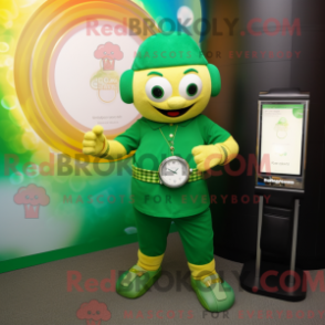 Mascot character of a Green Pot Of Gold dressed with a Henley Shirt and Smartwatches
