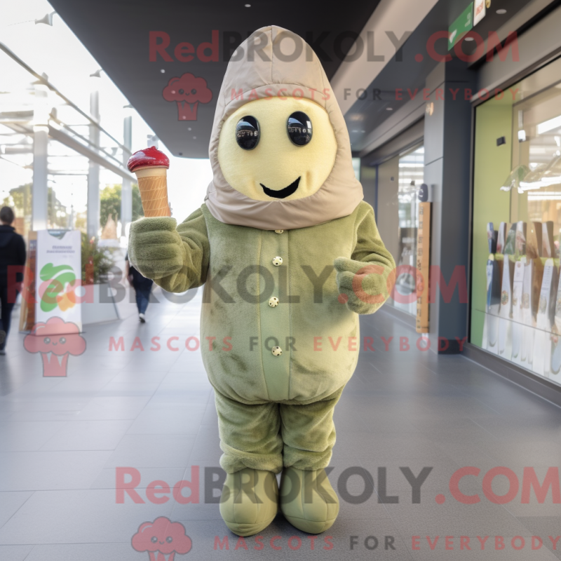 Mascot character of a Olive Ice Cream dressed with a Coat and Mittens Mascot character of a Olive Ice Cream dressed with a Coat and Mittens