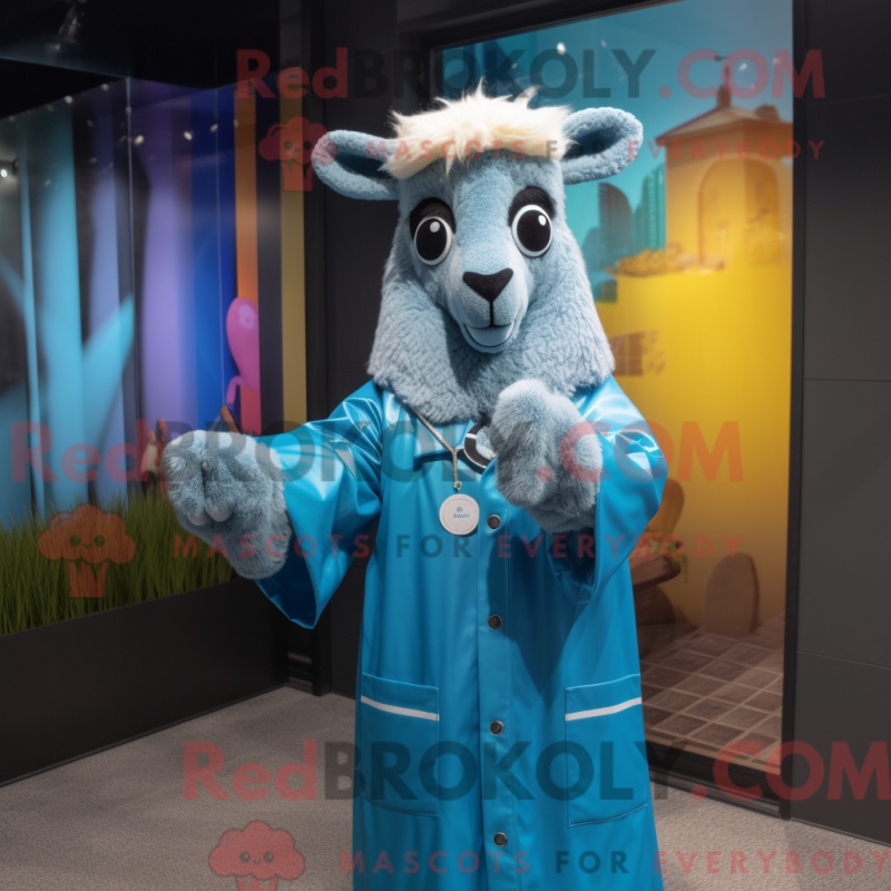 Mascot character of a Blue Llama dressed with a Raincoat and Tie pins Mascot character of a Blue Llama dressed with a Raincoat and Tie pins