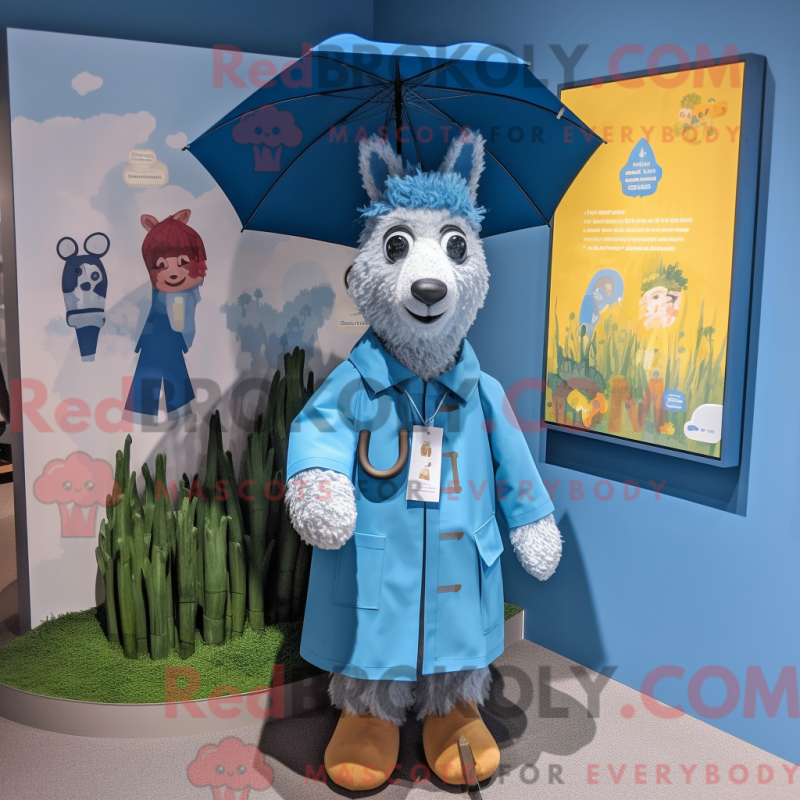 Mascot character of a Blue Llama dressed with a Raincoat and Tie pins Mascot character of a Blue Llama dressed with a Raincoat and Tie pins