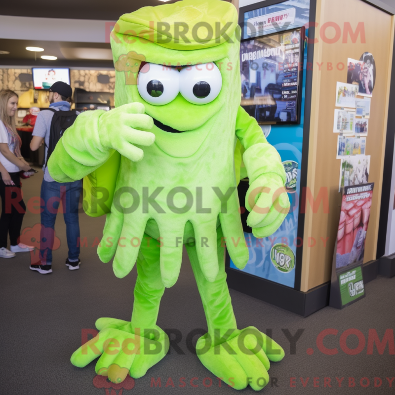Mascot character of a Lime Green Fried Calamari dressed with a Jumpsuit and Backpacks