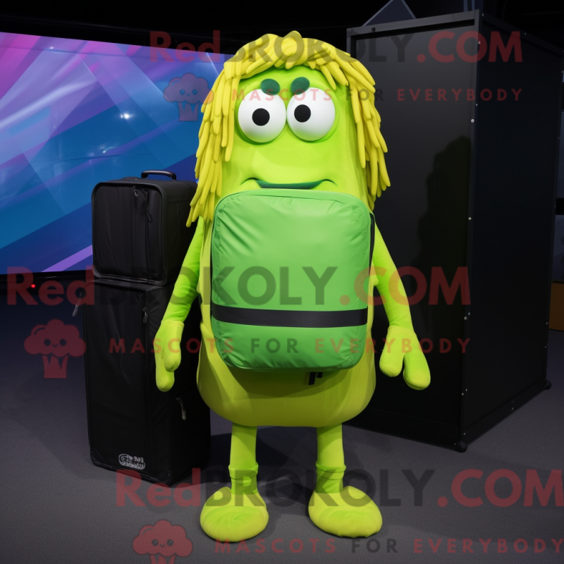 Mascot character of a Lime Green Fried Calamari dressed with a Jumpsuit and Backpacks Mascot character of a Lime Green Fried Calamari dressed with a Jumpsuit and Backpacks