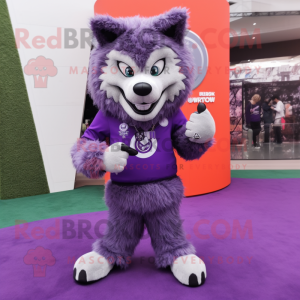 Purple Say Wolf mascot costume character dressed with a Leggings and Bracelet watches