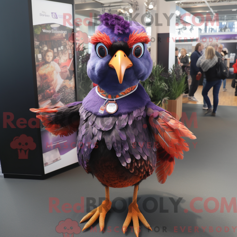 Mascot character of a Purple Pheasant dressed with a Playsuit and Rings Mascot character of a Purple Pheasant dressed with a Playsuit and Rings