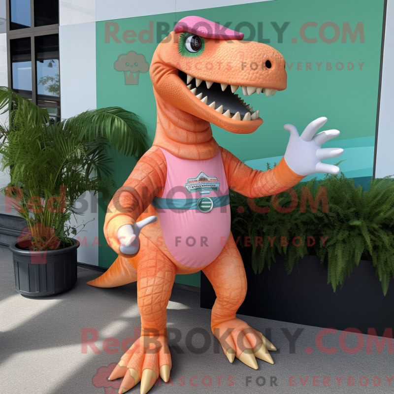 Mascot character of a Peach Spinosaurus dressed with a Bermuda Shorts and Gloves Mascot character of a Peach Spinosaurus dressed with a Bermuda Shorts and Gloves