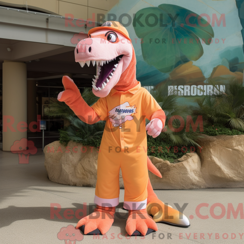 Mascot character of a Peach Spinosaurus dressed with a Bermuda Shorts and Gloves Mascot character of a Peach Spinosaurus dressed with a Bermuda Shorts and Gloves