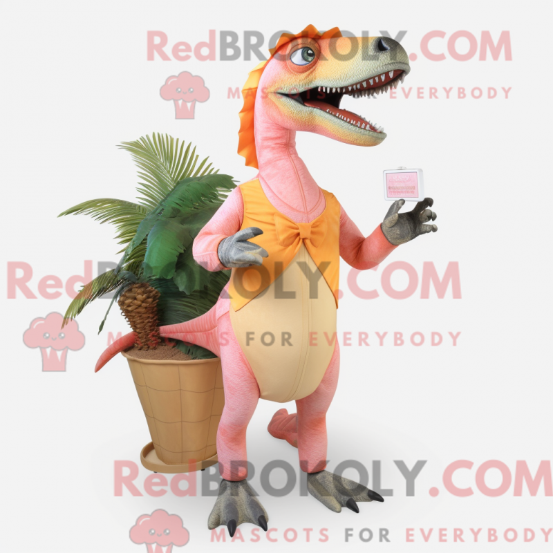 Mascot character of a Peach Spinosaurus dressed with a Bermuda Shorts and Gloves Mascot character of a Peach Spinosaurus dressed with a Bermuda Shorts and Gloves