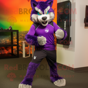 Purple Say Wolf mascot costume character dressed with a Leggings and Bracelet watches