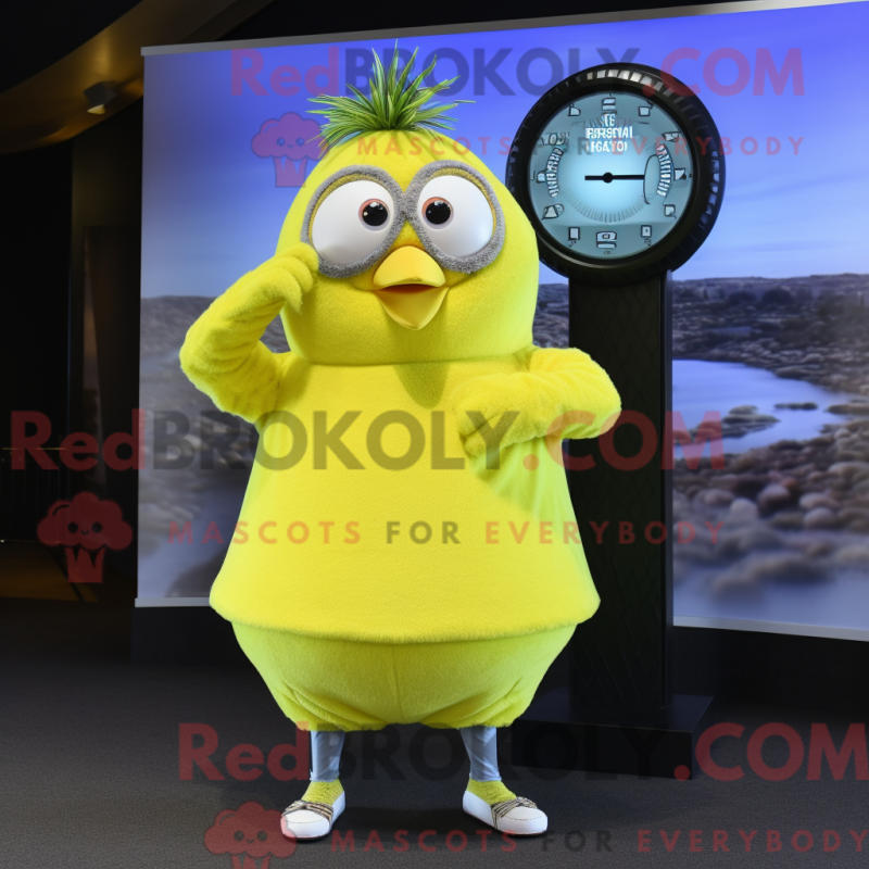 Mascot character of a Lemon Yellow Kiwi dressed with a V-Neck Tee and Digital watches Mascot character of a Lemon Yellow Kiwi dressed with a V-Neck Tee and Digital watches