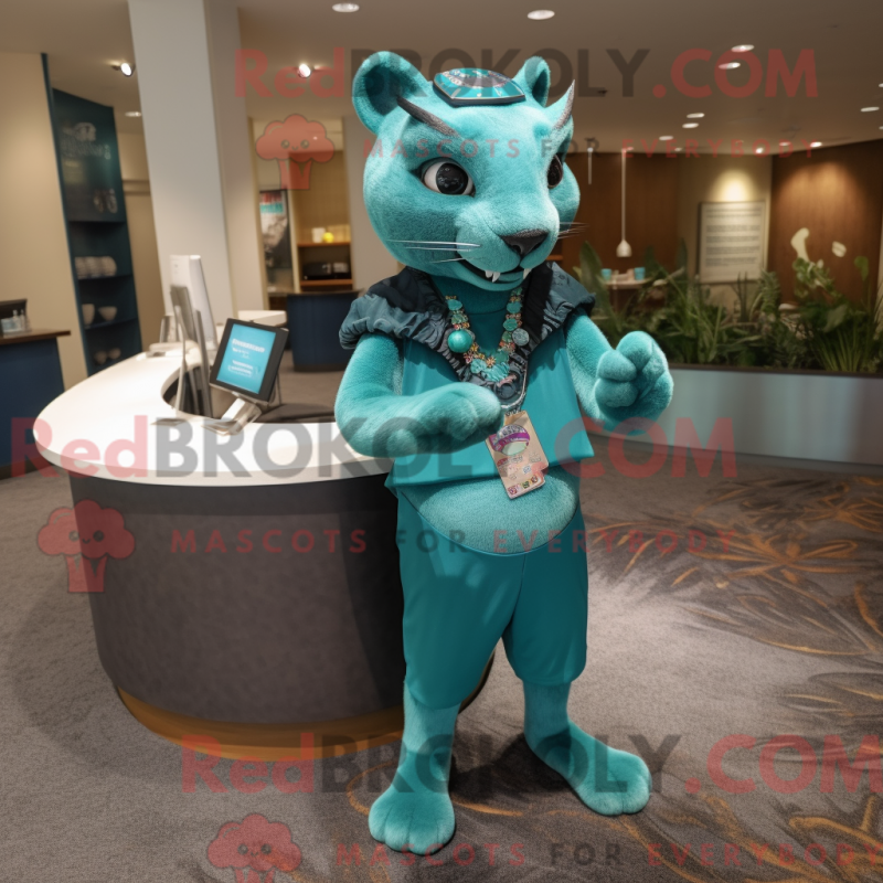 Mascot character of a Teal Jaguarundi dressed with a Pencil Skirt and Bracelet watches Mascot character of a Teal Jaguarundi dressed with a Pencil Skirt and Bracelet watches