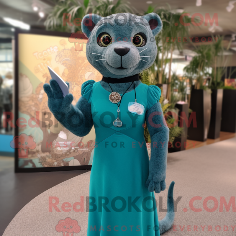 Mascot character of a Teal Jaguarundi dressed with a Pencil Skirt and Bracelet watches