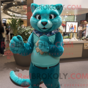 Mascot character of a Teal Jaguarundi dressed with a Pencil Skirt and Bracelet watches