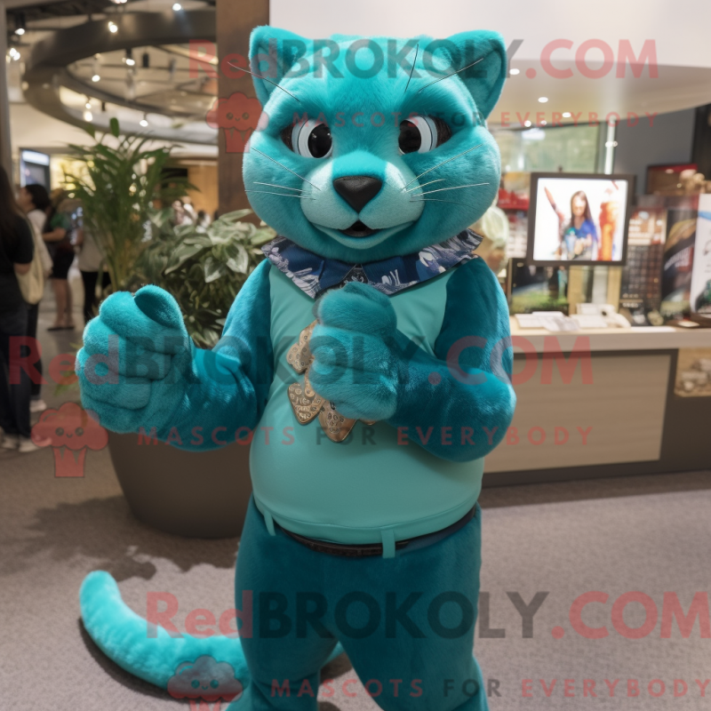 Mascot character of a Teal Jaguarundi dressed with a Pencil Skirt and Bracelet watches Mascot character of a Teal Jaguarundi dressed with a Pencil Skirt and Bracelet watches