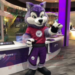 Purple Say Wolf mascot costume character dressed with a Leggings and Bracelet watches