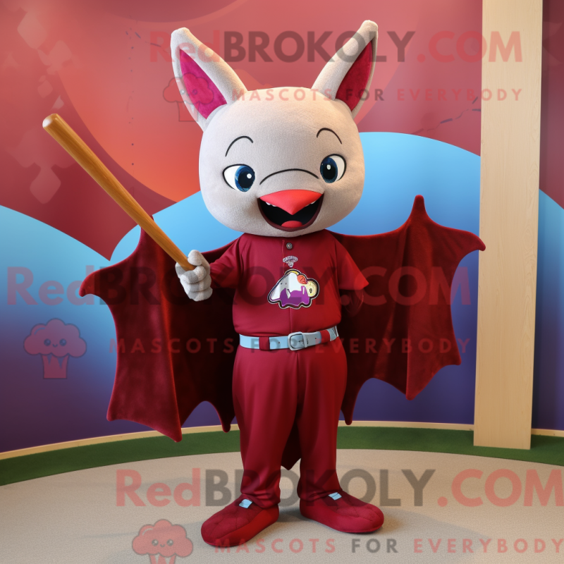 Mascot character of a Maroon Bat dressed with a Flare Jeans and Wraps Mascot character of a Maroon Bat dressed with a Flare Jeans and Wraps
